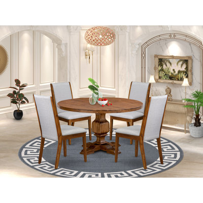 5-Piece Kitchen Dining Table Set Consist of A Dining Table and 4 Grey Linen Fabric Fabric Parsons Chairs with High Back, Antique Walnut