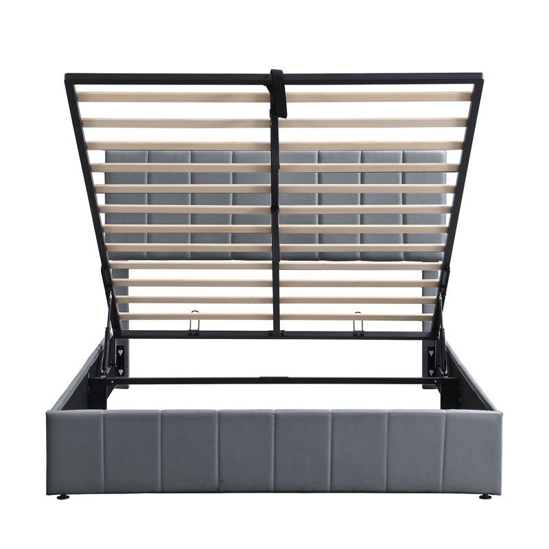 Lit plateforme tapissier avec système de rangement hydraulique - Gris, Grand lit