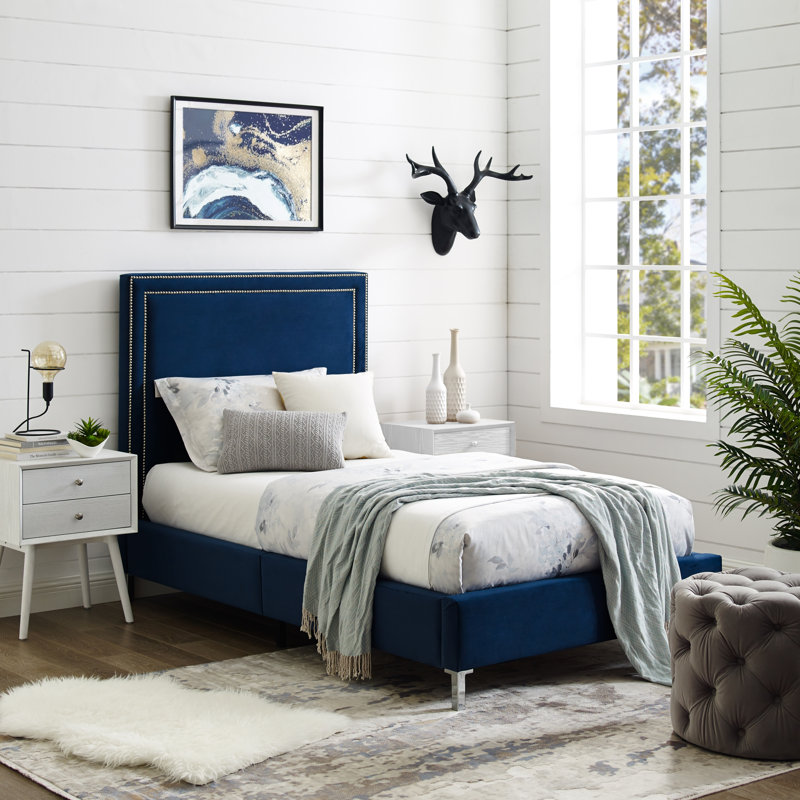Crampton Upholstered Platform Bed, Navy, Velvet, Twin