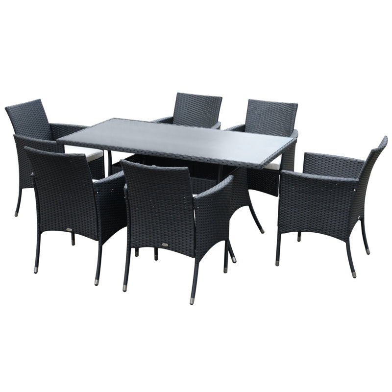 6 - Person Wicker Patio Dining Set with Rectangular Table , Cushions Included, Charcoal