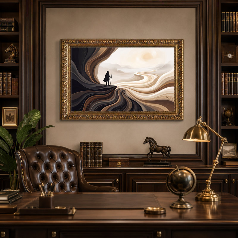 «Silhouette Traveller on Swirling Earth Tones Landscape», art mural, 20"H x 30"W