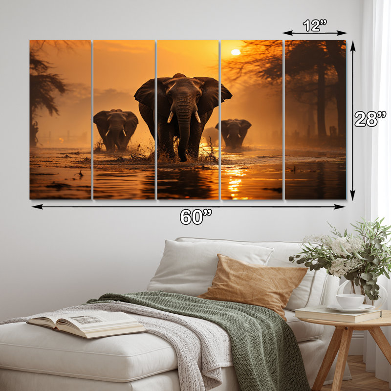 Glorious Elephant In The Wild At Sunset Wildlife I - décoration murale animaux éléphant - 5 panneaux égaux