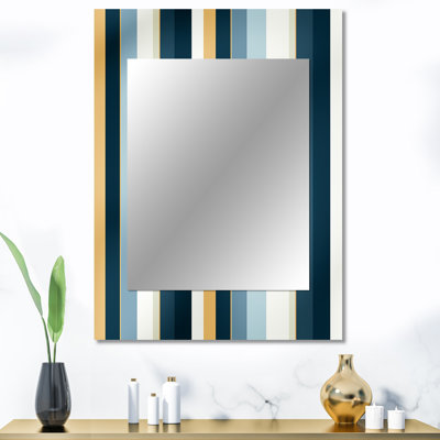 Kennardi Blue And White Classic Pinstripe Pattern - striped  Large Mirror, Modern Unique Wall Mirror Decor, Printed Metal Art