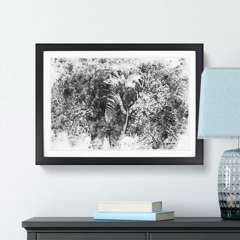 The Majestic Elephant in Abstract - Picture Frame Painting Print, 48cm H x 65cm W x 2cm D, Black Framed