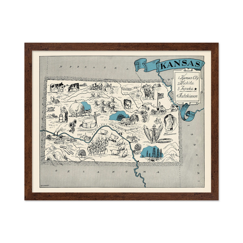 Carte illustrée du Kansas, 12"H x 16"W, Poster, Brown Framed