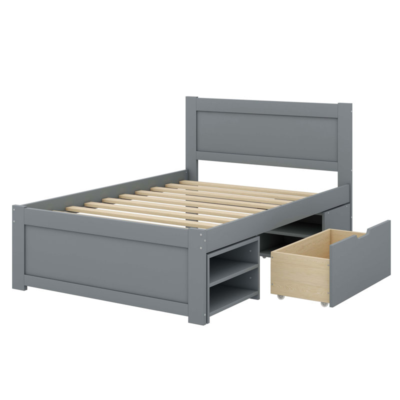 Lit plateforme chic avec tiroir intégré et deux tablettes, Gris, Lit simple