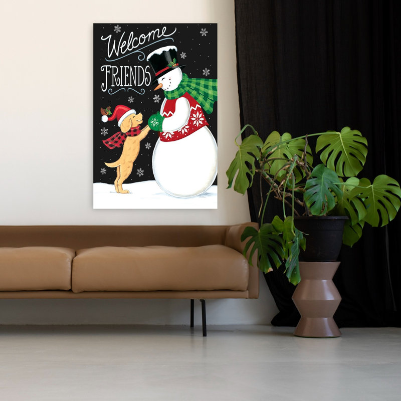 Neige, amis fantaisistes, art hivernal contemporain, H 48 po x l 32 po