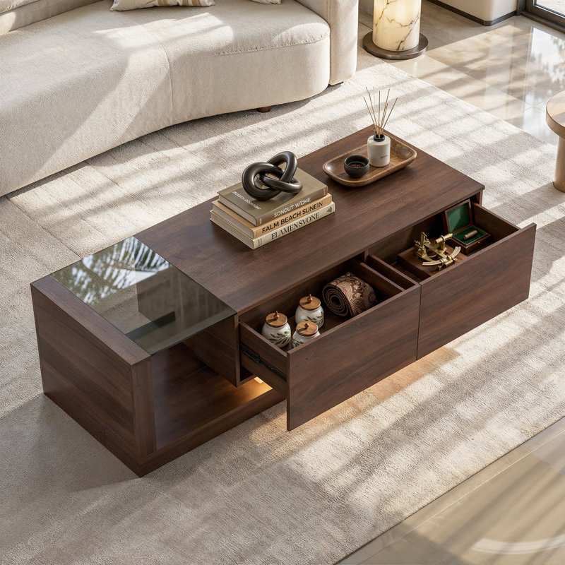 Table basse moderne en noyer de 59,1 po avec 2 tiroirs et lumière DEL Culver