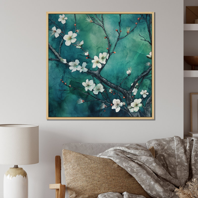 Emerald Cherry Blossoms Symphony II - Art mural de salon avec fleurs de cerisier, H 36 po x l 36 po x P 1,5 po
