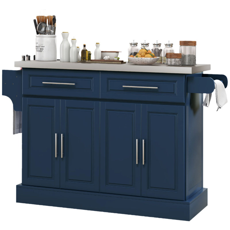 Îlot de cuisine enroulable l 57 po x P 18 po x H 36,5 po MDF en acier inoxydable 2 pièces bleu marine avec 2 tiroirs 2 armoires porte-épices