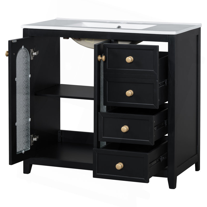 Meuble-lavabo de 36 pouces avec deux portes à fermeture douce, des tablettes réglables et trois tiroirs, Noir