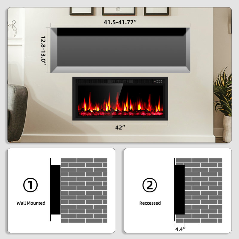 Recessed or Wall Mounted Electric Fireplace Heater, Touch Screen & Remote Control, 12 Flame Colors, 8H Timer