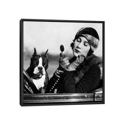 " 1920s Flapper In Convertible Powdering Her Cheek In Mirror With Boston Bulldog In Her Lap " Black and White Photography