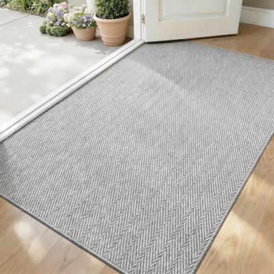 Thin Indoor Door Mat 48X72 Non Slip Herringbone Design Gray