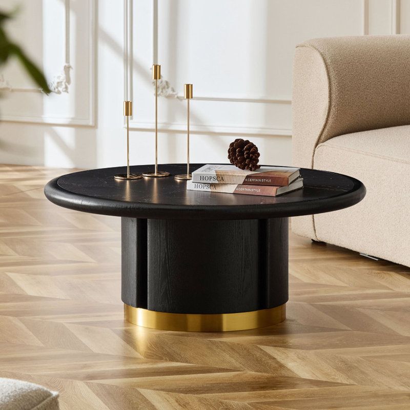 35.43 inch Round Coffee Table, Table with Sturdy MDF Pedestal with Brushed Stainless Steel,Sintered Stone Tabletop Table,Rounded Sofa Side Table for living Room,Office