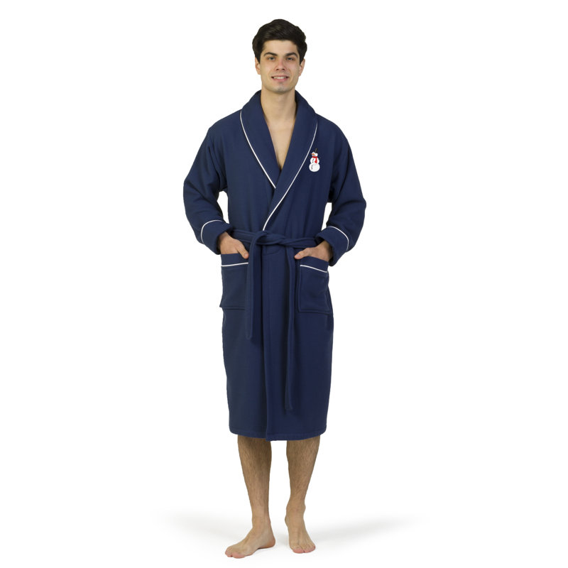 Peignoir bonhomme de neige brodé 100% coton gaufré Snowman, S / M, Bleu marine