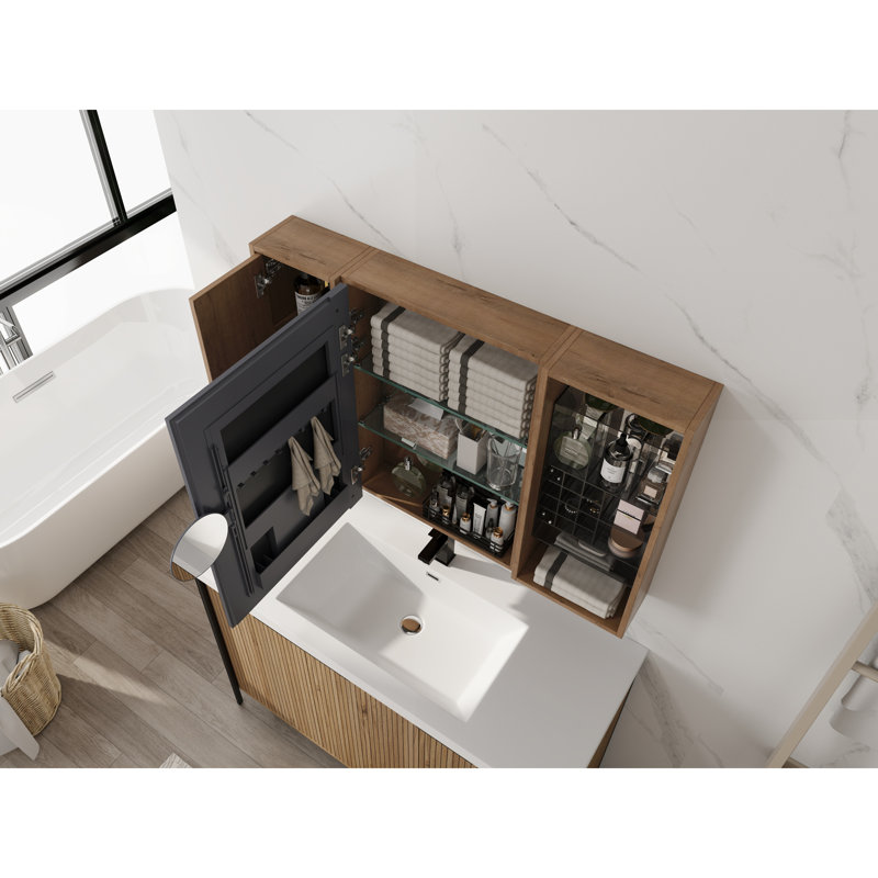 Armoire de toilette 41,4 po avec rangement, armoire à pharmacie murale avec porte miroir, tablettes en verre réglables, contreplaqué