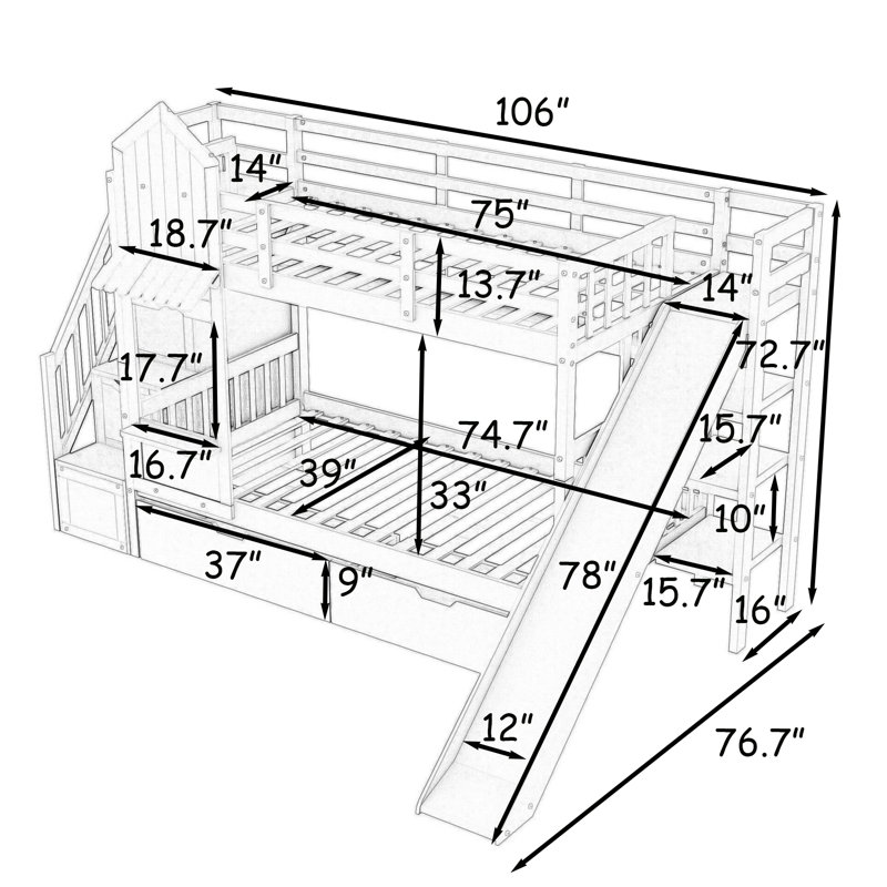 Kids Bunk Bed with 2 Drawers, Shelves and Slide, Twin Over Twin, White