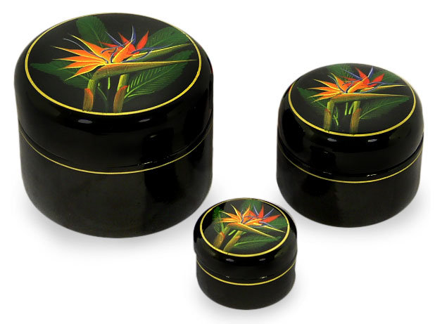 Ensemble de 3 boîtes décoratives laquées Birds of Paradise