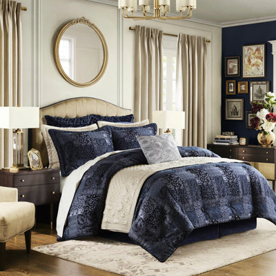 4 Pcs King Comforter In Navy - 2022 Optimized Process For Firmness Hidden Zippers On Shams Chenille With Solid Back Antique Like Sheen 1 Comforter, 2 Shams, Bed Skirt Improved Manufacturing Confirmed