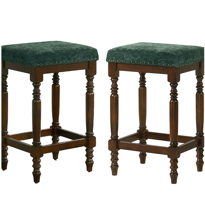 Ensemble de 2 tabourets de comptoir en bois massif de style campagnard rembourrés avec pieds tournés, Vert, Brun