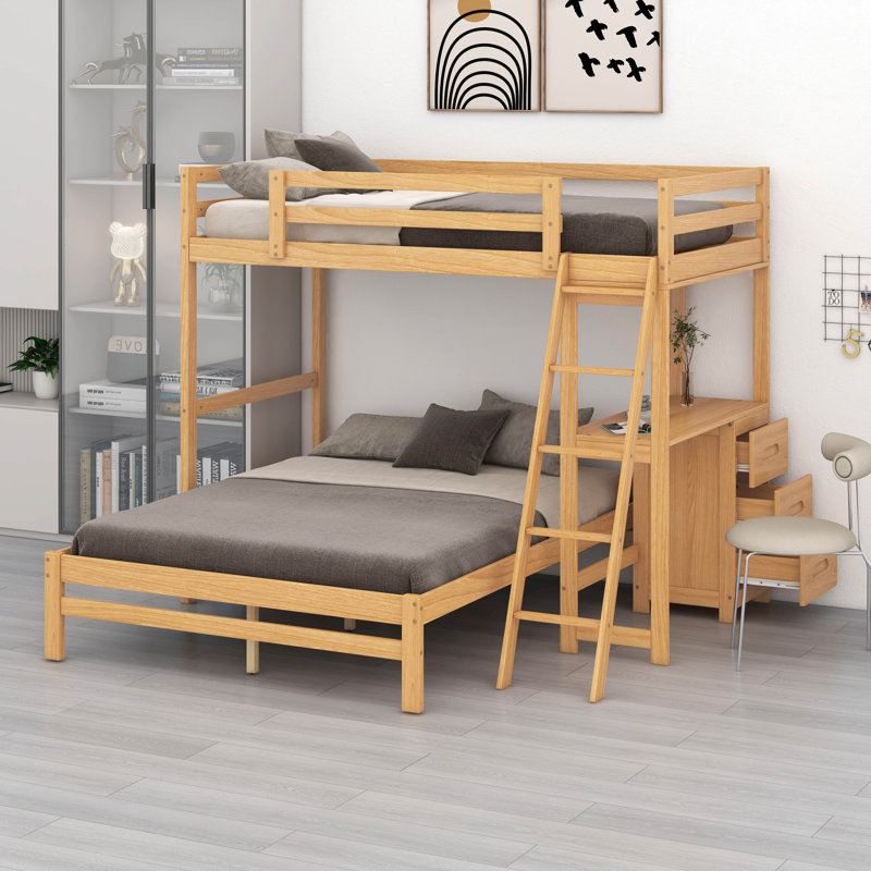Lit simple superposé au dessus d'un lit double avec bureau et tiroirs, Naturel