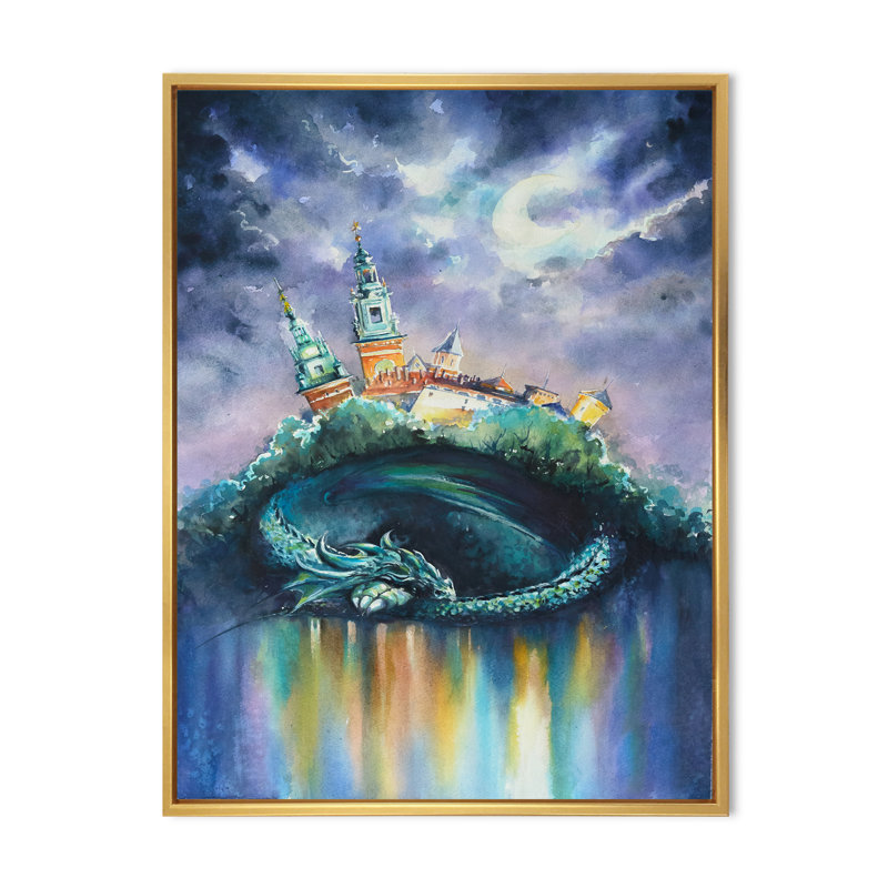 Fantasy City, art mural pour enfants, H 20 po x l 12 po x P 1 po, Toile avec cadre flottant or