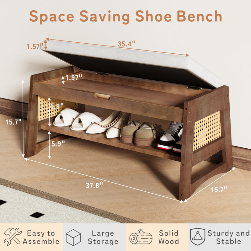 Shoe Rack Bench with Flip-Top Storage – 37.8" W x 15.7" H Solid Wood Organizer with Cushioned Seat and Side Hooks for Entryway, Hallway, Foyer, Closet, or Living Room