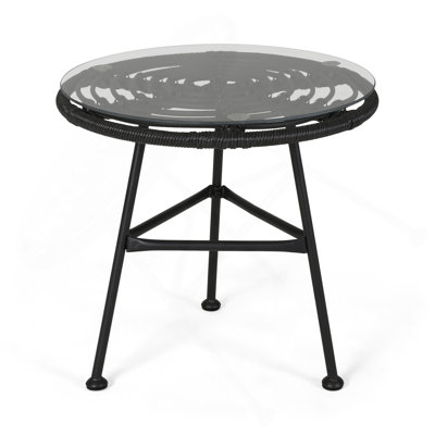 Orlando Outdoor Glass Top Faux Rattan Side Table,Tempered Glass Top End Table For Balcony Porch Deck