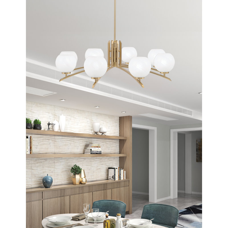 Lustre 8 lumières Kurve illustré en finition nouvel âge laiton avec verre de 5,75 po, Blanc