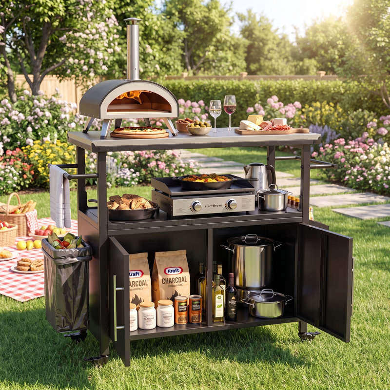 Table mobile portative avec chariot de bar et rangement, chariot de cuisine pour barbecue avec porte-serviettes et porte-épices