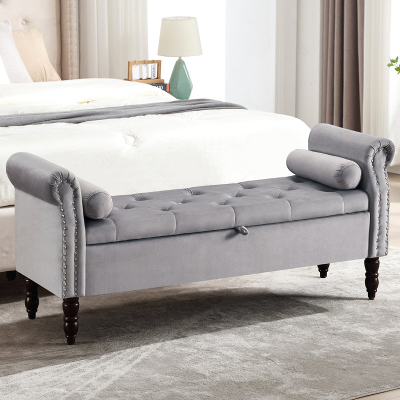 Gelson Velvet  Upholsted  with Ams Storge Bech, Gray, 25.2'' H X 56.7'' W X 17.7'' D
