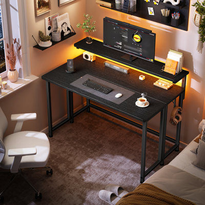 32/40"W Folding Computer Desk with Monitor Stand and RGB LED Lights, Small Desk for Home Office Desk, Sturdy Industrial Folding Desk with Storage Hooks & Adjustable Feet