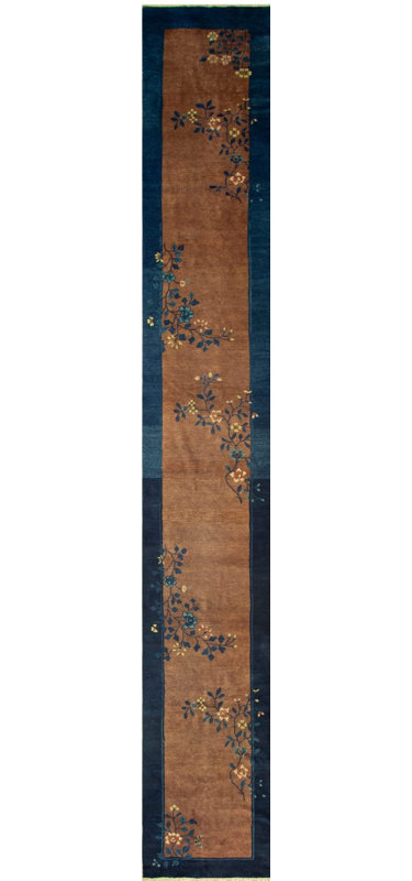Earthy Brown Antique Chinese Long Wool Pile Floral Hallway Runner Peking Rug