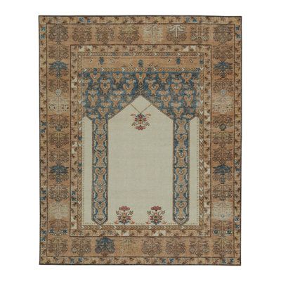 Rug & Kilim's Distressed rug with Mihrab Pattern and Beige Open Field