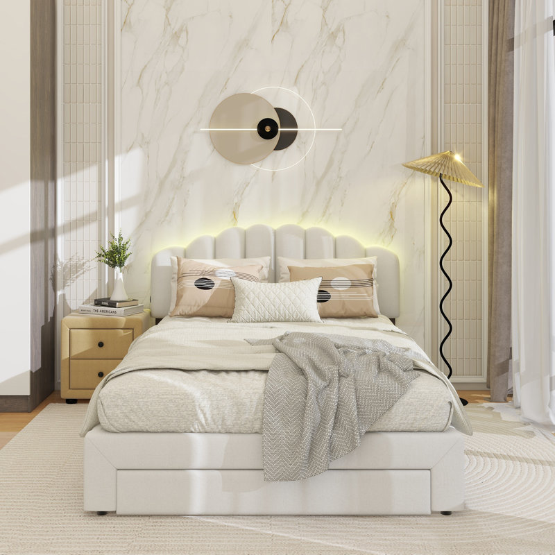 Grand lit plateforme tapissier Teddy, Blanc