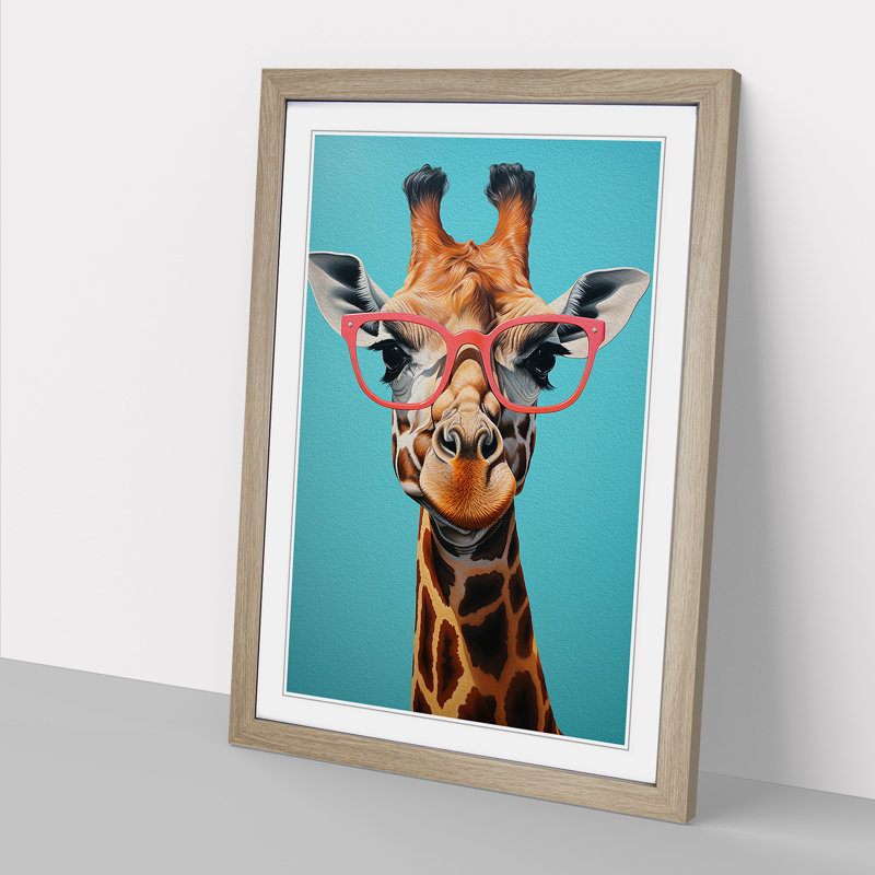 Giraffe With Glasses No.3 - Single Picture Frame Print on Wood, Oak, 34cm H x 25cm W x 2cm D