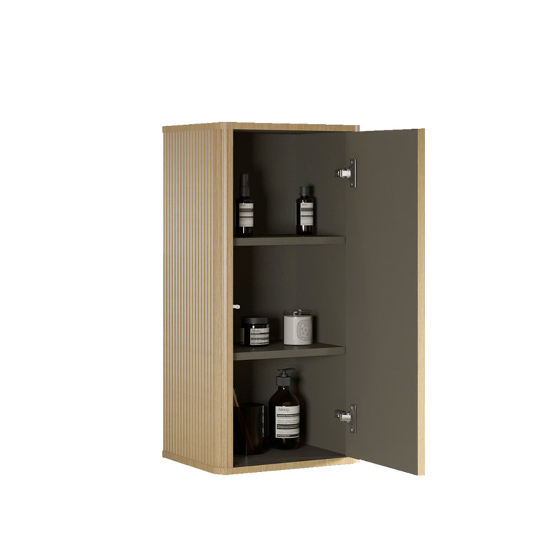 Natural Oak Bathroom Storage - Floating Cabinet For Small Rooms Pre-Assembled And 2 Adjustable Shelves Safe Curvy Shape Modern Design Side Spaces & Plywood Material Stylish Striped Pattern Push-Open