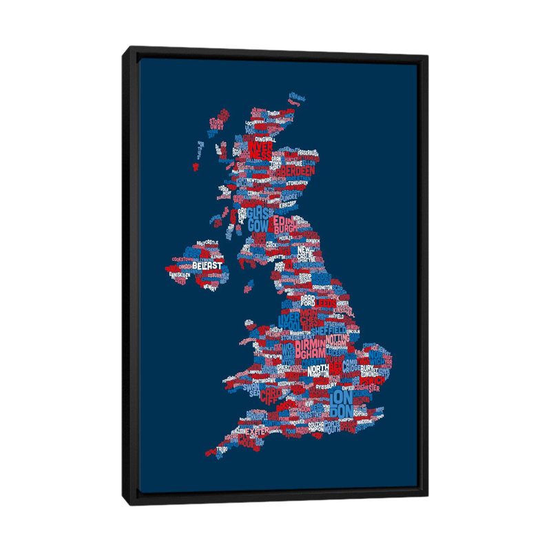 Carte de Grande-Bretagne par Michael Tompsett, impression sur toile en bleu, H 60 po x l 40po x P 1,5 po, Pas de tapis