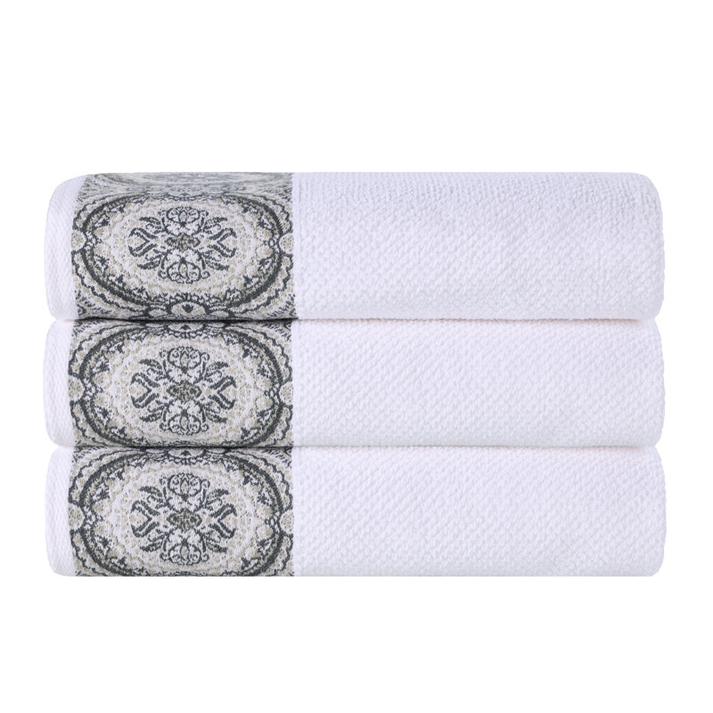 Idabel Medallion 100% Cotton Jacquard Textured Soft Highly Absorbent Bath Towels, White-Stone