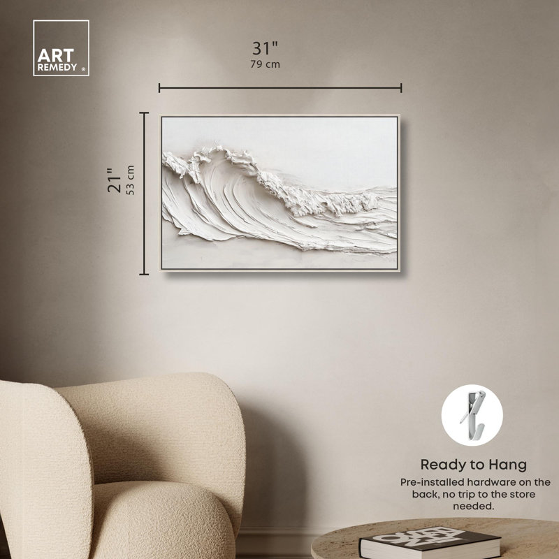 Vague sur toile blanche par Art Remedy, H 37 po x l 55 po, Argent argent, Cadre flottant