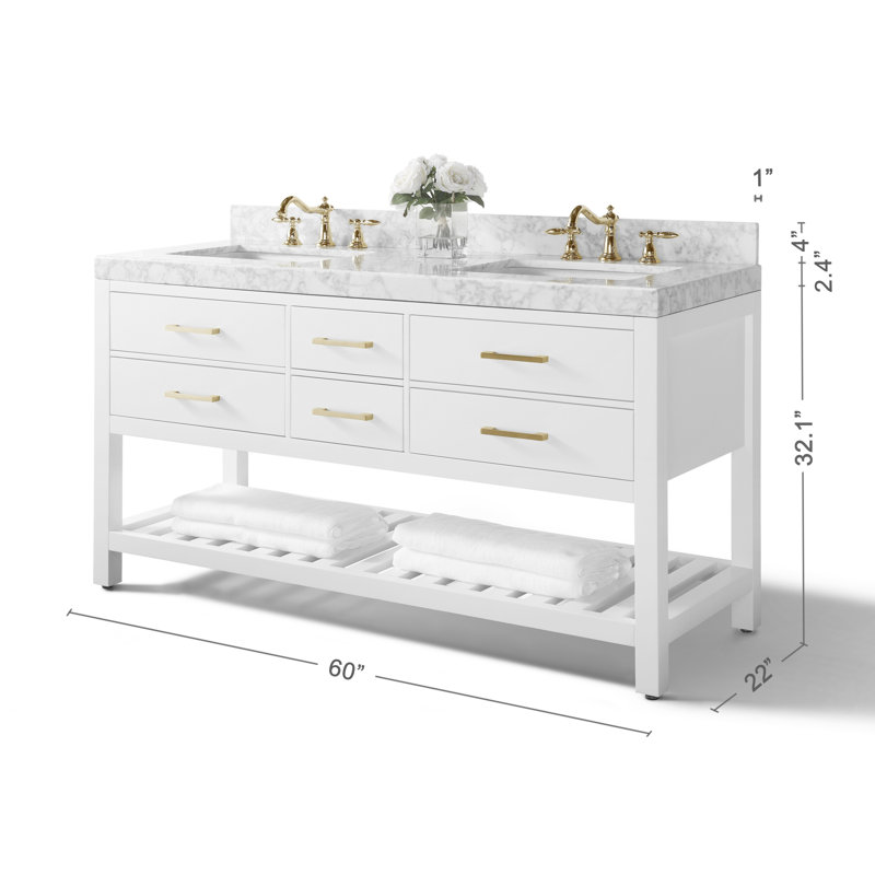 Elizabeth 60'' W Double Vanity, White/Brushed Nickel, Carrara White Marble