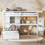 Lit mezzanine simple au-dessus de simple avec bureau intégré et escalier, avec compartiments de rangement et tablettes, blanc