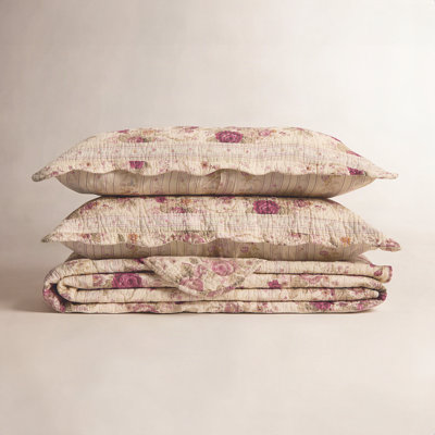 Greenland Home Fashions Antique Rose Ecru 3-Piece Bedspread Set 120"x118" King Size Cotton Floral Quilt with 2 King Shams