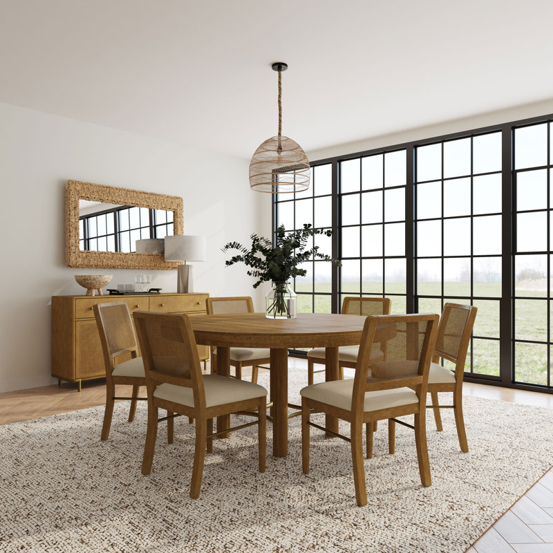 Dekiya 7-Piece Round Dining Room Table Set Sand Wash, Cream/Brown