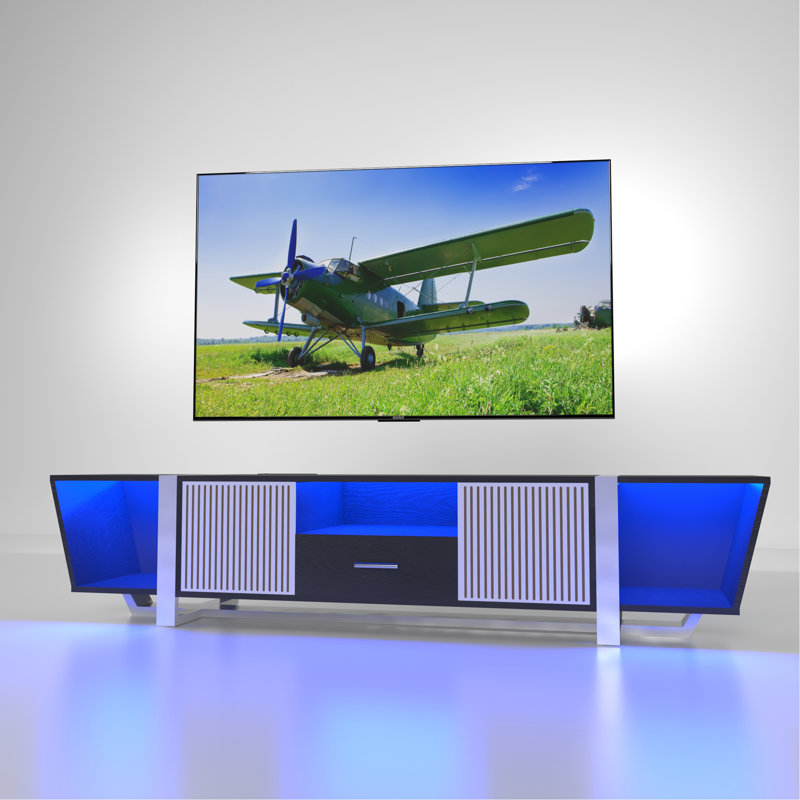 TV Console With Large Storage Cabinets, Biplane Shape Design LED TV Stand With Remote Control, Multiple Modes Changing Lights Modern Entertainment Centre With Power Cord