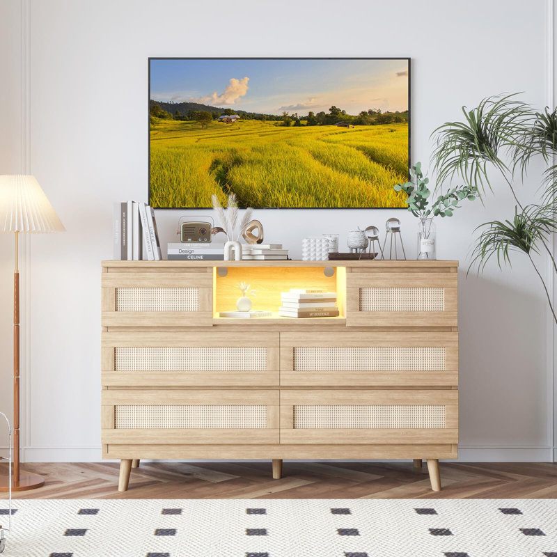 Commode 6 tiroirs double, commode moderne en bois, Naturel