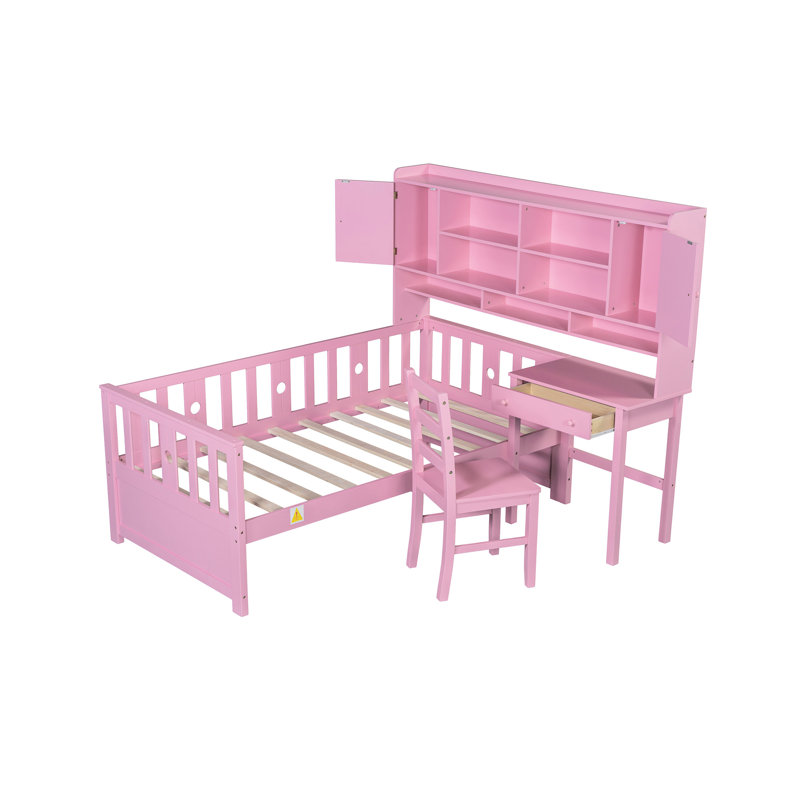 Lit simple en bois avec bureau productif, chaise harmonieuse et bibliothèque intégrée, bibliothèque glamour rose, Rose