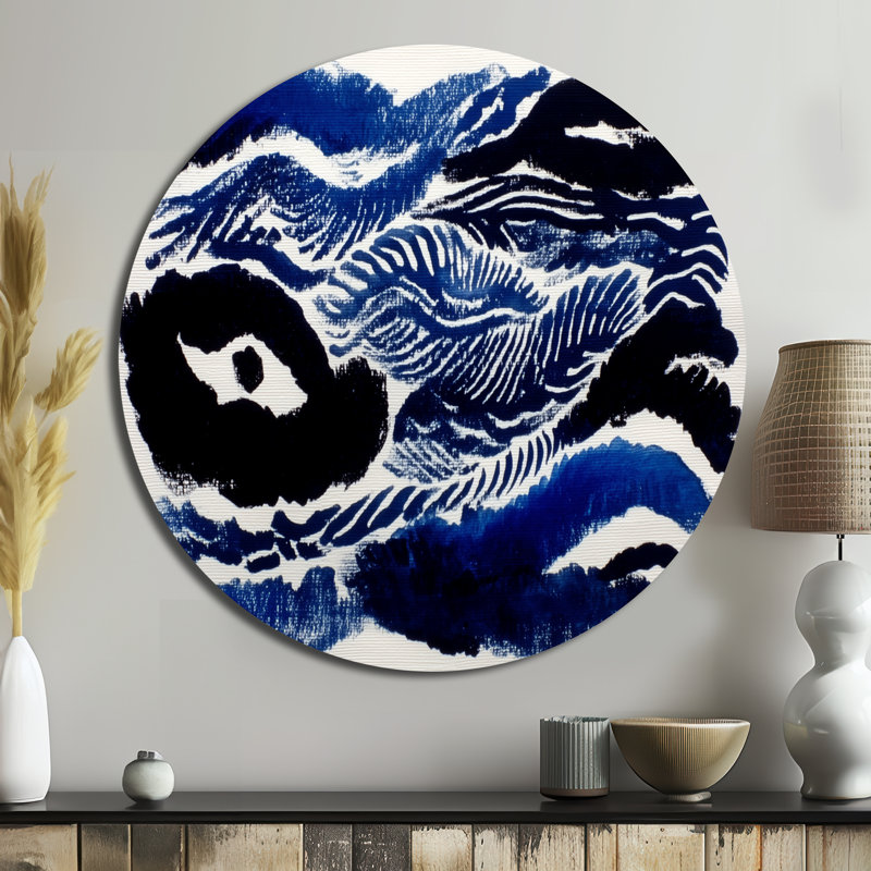Tranquillité de marée côtière bleue et noire - Collages abstraits en métal rond, L 29 po x H 29 po