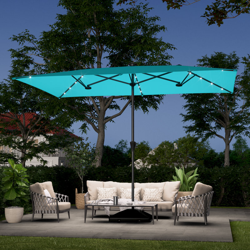 Grand parasol de marché extérieur DEL rectangulaire à double face DEL, H 7 pi 8 po x l 10 pi 8 po x P 6 pi 9 po, Bleu clair